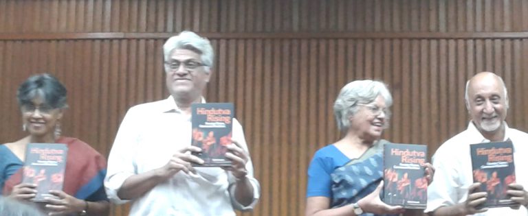 (Left to right) Nandini Sundar, Sukumar Muralidharan, Indira Jaising and Achin Vanaik, at the book launch of Hindutva Rising, Delhi, October 2017