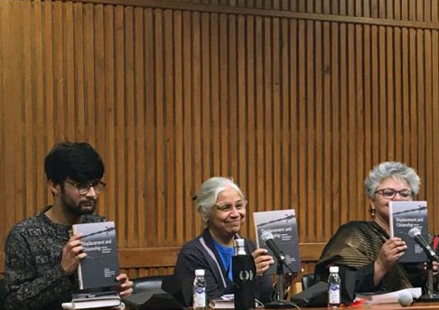 (Left to right) Sunil Choudhary, Madhu Sahni, Ayesha Kidwai at the launch of Displacement and Citizenship: Histories and Memories of Exclusion (edited by Vijaya Rao, Shambhavi Prakash, Mallarika Sinha Roy, Papori Bora), Delhi, March 2020