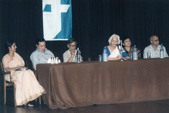 At the book launch of The Making of History: Essays Presented to Irfan Habib (edited by K.N. Panikkar, Terence J. Byres and Utsa Patnaik), Delhi, August 2000: (seated, left to right) Indira Chandrasekhar, N. Ram, Irfan Habib, Kitty Menon, Utsa Patnaik, K.N. Panikkar