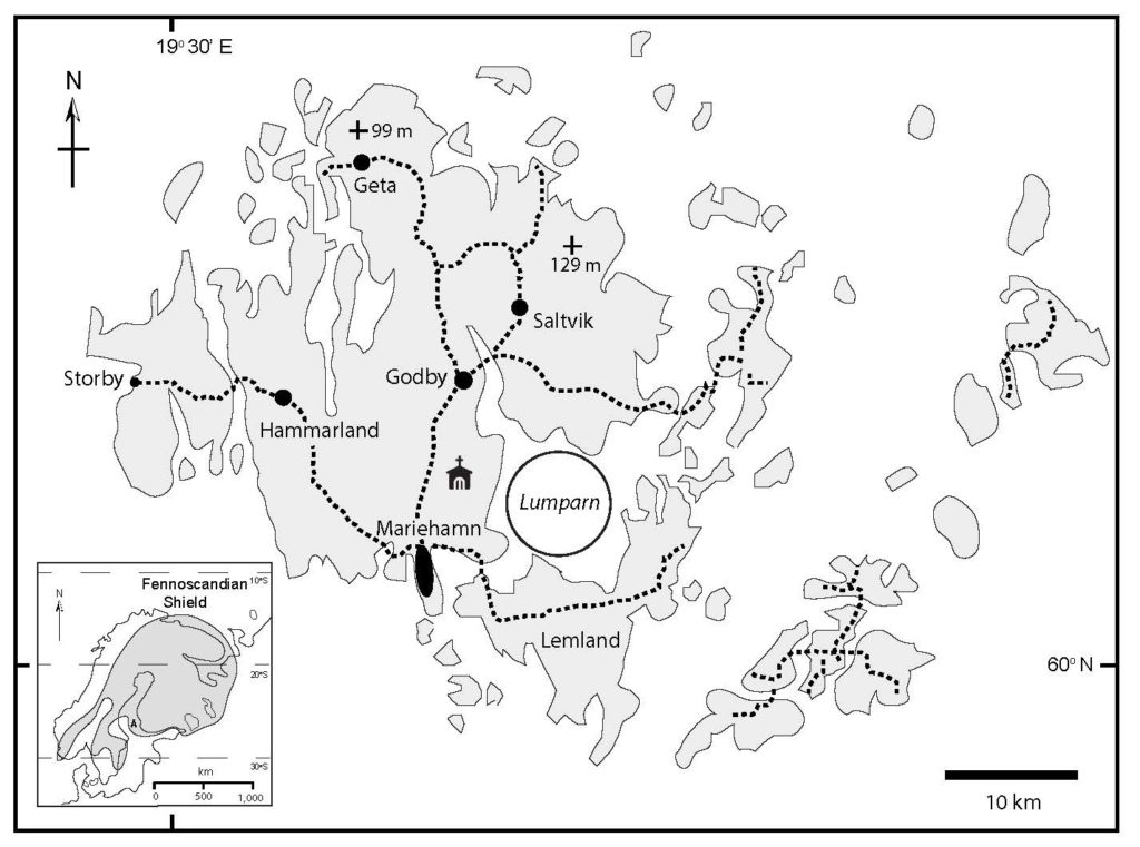 Principal islands of the Åland archipelago, with an inset showing its location on the Fennoscandian Shield over much of Sweden and Finland during the late Ordovician. Saint Olaf Church is marked by an icon west of the Lumparn.