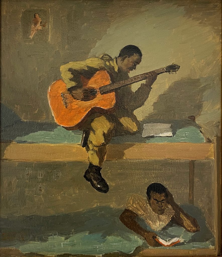 Figure 6. Painting of two Black internees of Ilag VII, likely Johnny Mitchell and Henry Crowder. Josef Nassy, Tittmoning, 1944. Oil paint on wood, 14.21 x 12.48 in. United States Holocaust Memorial Museum, Washington, DC, gift of the Severin Wunderman family (photograph by Sarah Phillips Casteel).