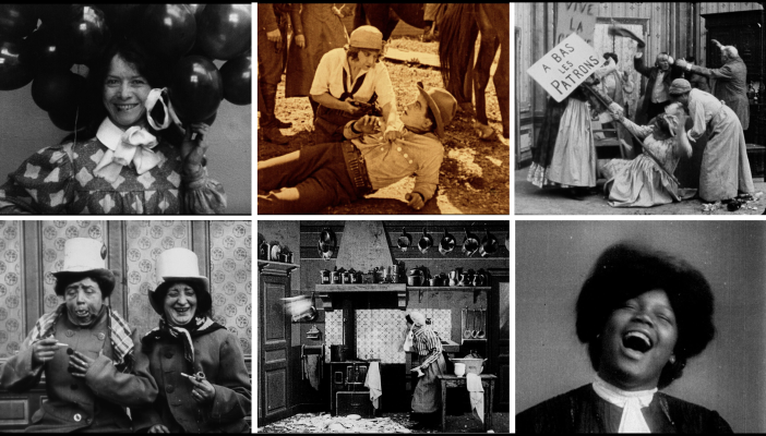 Frame enlargements of films featured in Cinema's First Nasty Women (Kino, 2022). From left to right: Léontine Flies Away (France, 1911), The Night Rider (US, 1920), The Nursemaids' Strike (France, 1907), The Women Cab Drivers (France, 1907), The Nervous Kitchen Maid (France, 1907), Laughing Gas (US, 1907).