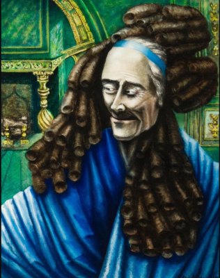 a painting titled Voltaire ou La perruque de Leibniz (1967), by the Belgian surrealist artist Rachel Baes